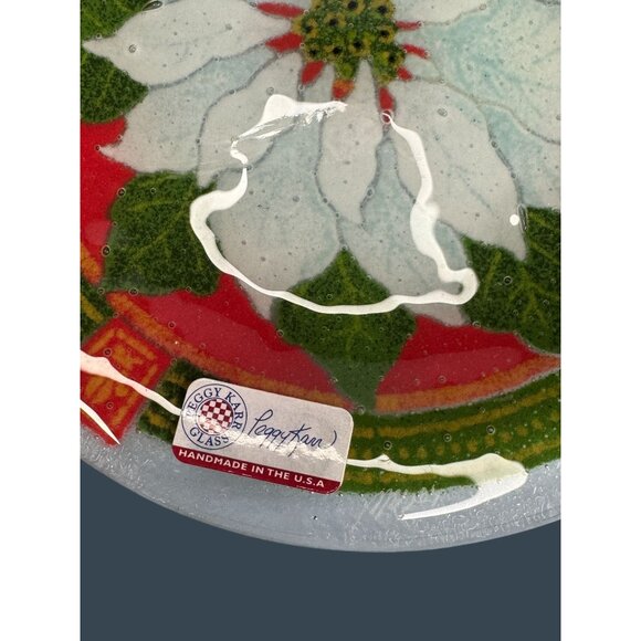 Peggy Karr Glass Holiday Poinsettia Plate 7.75" Handmade In USA Vibrant Red Gree - Picture 3 of 6
